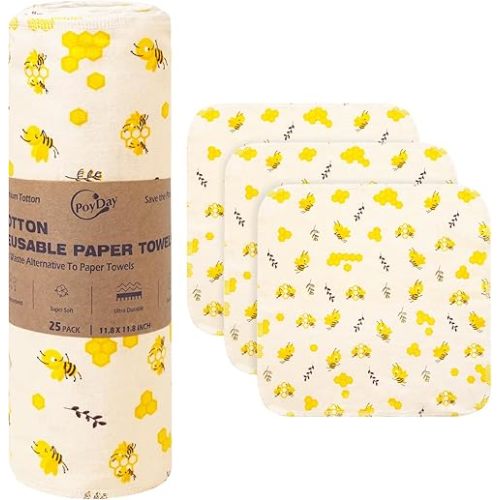 Paper Towels Washable Roll: 25Pack Cotton Cloth Paper Towels 11.8x11.8In Absorbent Soft Flannel Paperless Towels Alternative for Kitchen Reusable Napkins Zero Waste (Bee, Large)