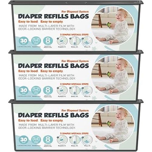 Diaper Pail Refills Bags with 30 Bags Compatible with Genie Easy Roll Signature and Platinum Diaper Pails, 7-Layer Odor-Barrier Technology, 3 Pack (90 Bag)