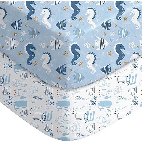 Yoofoss Baby Crib Sheets for Boys Girls, Fitted Crib Sheet 2 Pack for Standard Crib and Toddler Mattress, Super Soft Microfiber Baby Sheet 28x52x8in Underwater World