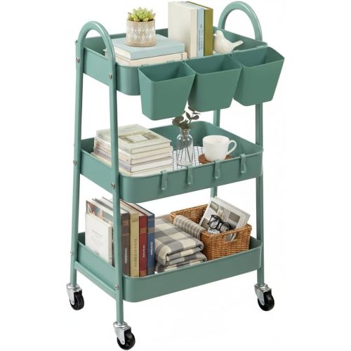 danpinera 3-Tier Rolling Cart, Utility Cart Mobile Metal Rolling Storage Cart with Lockable Wheels & Hanging Cups & Hooks for Kitchen, Bathroom, Office, Workshop, Green