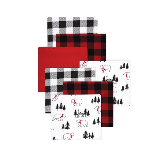 Little Treasure Hudson Baby Cotton Poly Flannel Receiving Blankets Multipack, Red Buffalo Plaid Bear, 30x30 inches