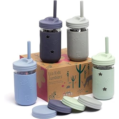 Elk and Friends Kids & Toddler Drinking Cups | Original Glass Mason Jar 12 oz with Silicone Sleeves + Straws | Smoothie Drinks | Spill Proof