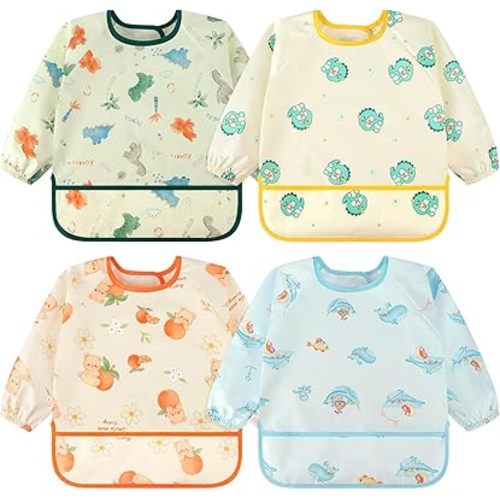 Accmor 4 Pack Long Sleeve Bibs, Baby Smock Waterproof Sleeved Bib Smock for Baby Toddler 6-36 Months