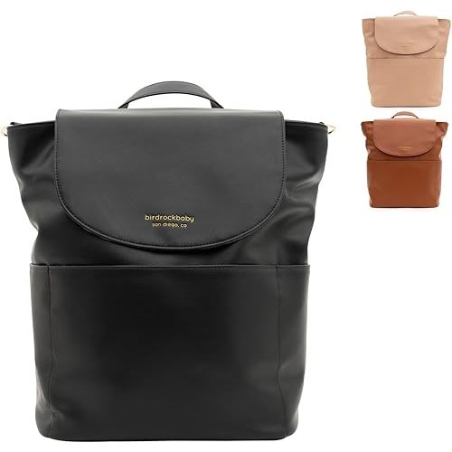 BirdRock Baby Seaside Diaper Bag Backpack - Stylish Vegan Leather, Large Capacity Travel Diaper Bag for Women (Black)