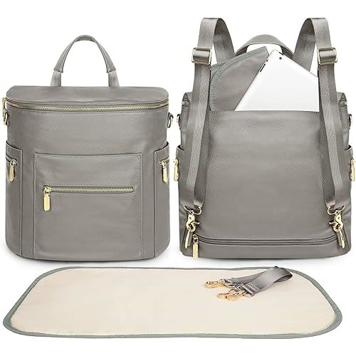 miss fong Diaper Bag Backpack Baby Diaper Bag, Large Leather Diaper Backpack with 16 Pockets Travel Diaper Bag with Diaper Changing Pad, Stroller Straps & 2 Insulated Pockets (Convertible, Grey)