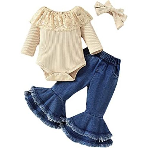 koramesis Baby Girl Clothes Set Lace Ruffle Romper Flare Denim Jean Pants and Headband 3Pcs Set Newborn Infant Outfits Set