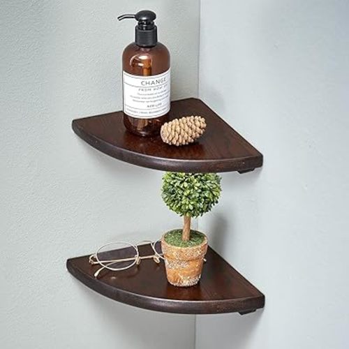 Corner Shelves, Floating Corner Shelf, Set of 2 Solid Oak Wood Wall Shelves, Round End Wall Mount with Wire Hole Shelving for Small Plant for Bedroom Kitchen, Living Room Walnut 8.7”