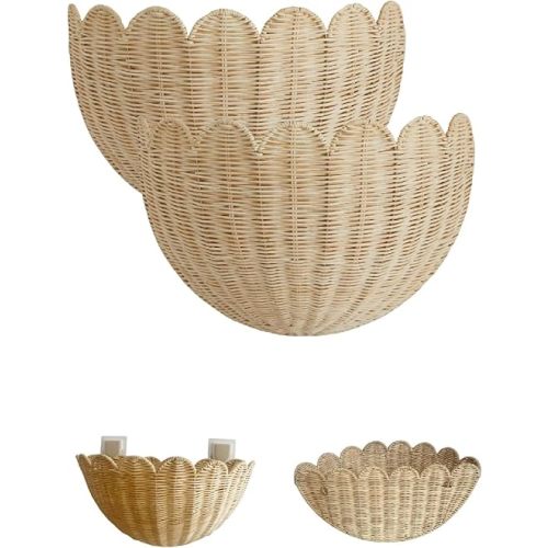 2 Pack Hand Woven Scalloped Wicker Wall Basket,Scalloped DéCor Walls Hanging Baskets,for Bathroom,Bedroom, Living Room Hanging Storage (Khaki)