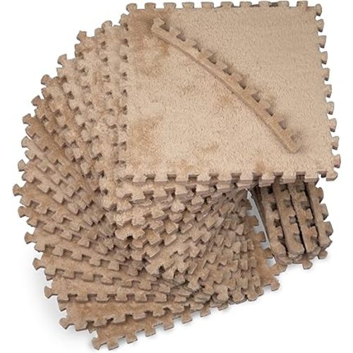 16 Piece Carpet Squares Puzzle Mat 49" x 49" Plush Interlocking Carpet Tiles, Foam Floor Tiles for Baby Play Mat - Kids Soft Play Floor Mats, Anti Slip Jigsaw Flooring Playmat Playroom Rug (Brown)