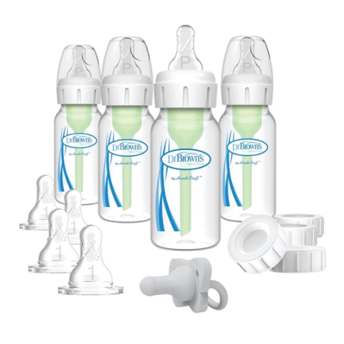 Dr. Brown's Anti-Colic Breast to Bottle Feeding Set with Slow Flow Nipples, Travel Caps, and Silicone Pacifier - Gray