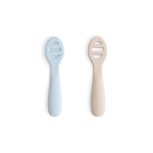 mushie Silicone First Feeding Baby Spoons | 2 Pack (Powder Blue/Shifting Sand)
