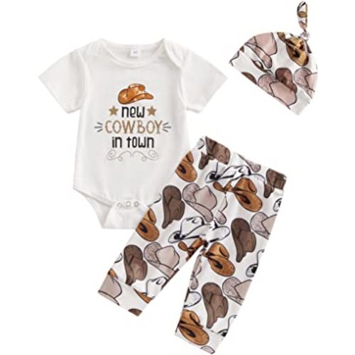 SAYOO Western Newborn Baby Boys Cowboy Outfits Cow Print Letter Bodysuit+Long Leggings+Cap 3pcs Infant Boy Country Clothes