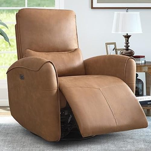 ANJ Power Swivel Glider Recliner Chair with Lumbar Support | 270° Swivel, Quiet Glide & Recline | 350lbs Capacity | USB Charging | FSC Certified Faux Leather | Brown