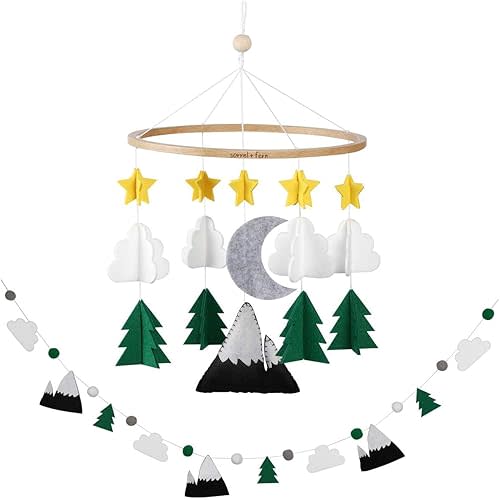 Baby Crib Mobile (Starry Woodland Night, Short Evergreen w/Garland) - Baby Shower Gift Nursery Decoration for Boys & Girls