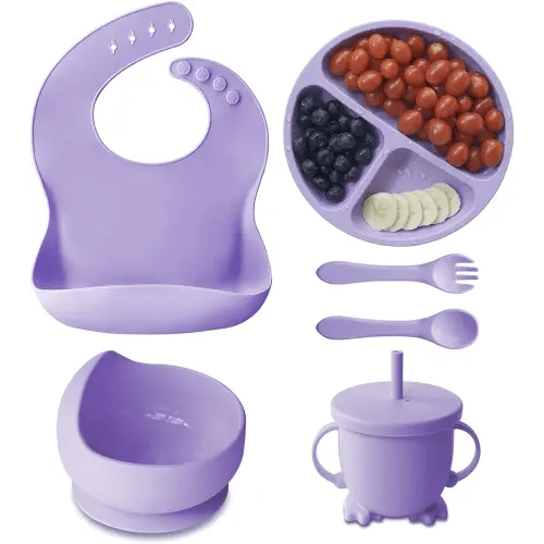HOGA Silicone Baby Feeding Set, Safe & Easy to Clean Baby Led Weaning Supplies with Suction Bowl | Divided Plate | Straw Sippy Cup Spoon | Fork and Bibs, Dinnerware Set for Babies 6+ Months(Purple)