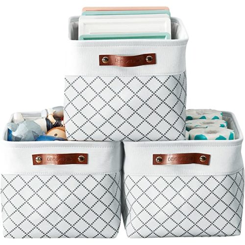 DECOMOMO White Storage Bins Fabric Storage Baskets for Shelves, Linen Closet Organization Toys Nursery (White Check, Large - 3 Pack)