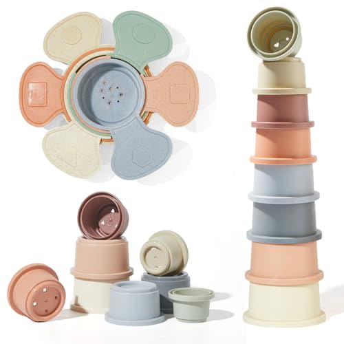 Bath Toys Stack & Count Stacking Cups and Bathing Spoons, 14 PCS Baby Stacking Toys for Babies 6-12 Months /Toddlers 1-3, Bathtub/Water Table /Pool Toys Toddler Birthday Gift for Preschool Boys/Girls