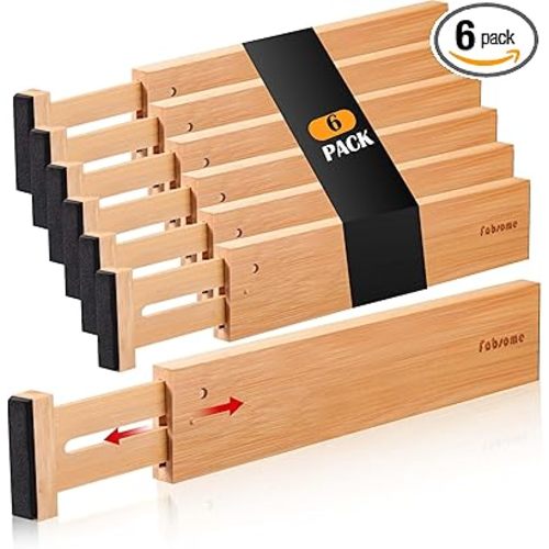 Fabsome Drawer Divider 6 Pack, Bamboo Dresser Organizers for Clothes Socks Underwear Baby Clothing, Wooden Separators for Nursery Organization Adjustable from 12.5'' to 17'' with Soft Foam Ends - For 13-17in deep drawers inner size