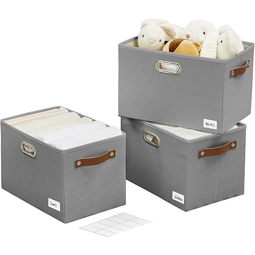 Large 3-Pack Foldable Fabric Storage Bins with Durable PU & Metal Handles, Collapsible Storage Baskets for Shelves, Home Storage, Closet Organizers, Living Room(14.9"x9.8"x9.8", Grey)