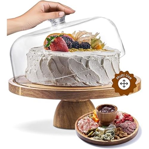 Acacia Wood Cake Stand with Lid - 12in Round Cake Holder, 2-in-1 Dessert Table Display Set & Charcuterie Board for Cheese, Chips & Dips, Nachos, Fruit Platter, Large Acrylic Cake Dome Cover