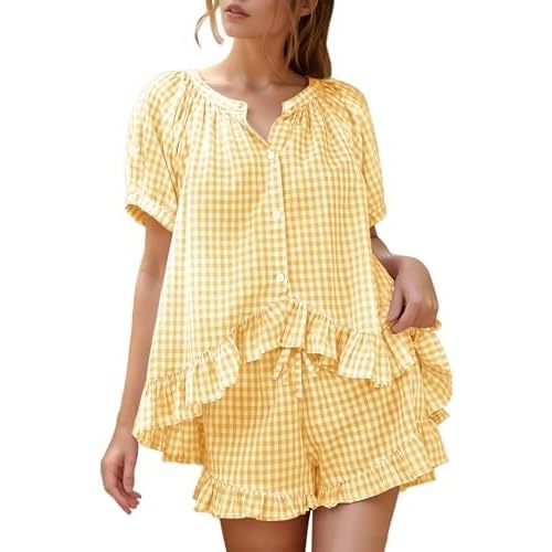 Flygo Womens Gingham Pajamas Set 2 Piece Cotton Pj Lounge Sets Puff Sleeve Ruffle Babydoll Shirt Shorts Summer Outfits