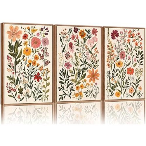Set of 3 Boho Floral Botanical Canvas Wall Art Watercolor Wildflower Wall decor pictures flowers Paintings posters Prints for Living Room Bedroom Bathroom Home Decoration Unframed (16inx24in posters)