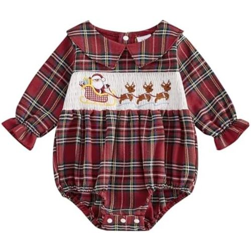 Adobabirl Baby Girl Christmas Outfit Santa Claus Bubble Romper Long Sleeve Embroidery Plaid Jumpsuit Cute Christmas Clothes