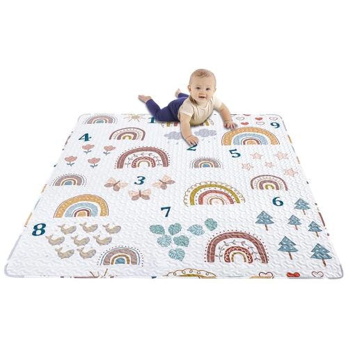 Boho Rainbow 50x50 Play Mat for Playpen, Washable Portable Baby Floor Playmat, Non Slip Foldabe Infant Crawling Mats, Tummy Time Mat Pad for Toddlers Baby Play Pen Mats for Home Or Travel