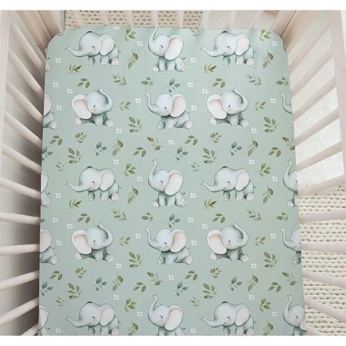 Cute Elephant Boho Leaves Baby Crib Sheets Bassinet Watercolor Elephant Soft Fitted Baby Girls Boys Sheet Jungle Safari Animals Fitted Covers for Crib Bassinet Mattress 52x28in