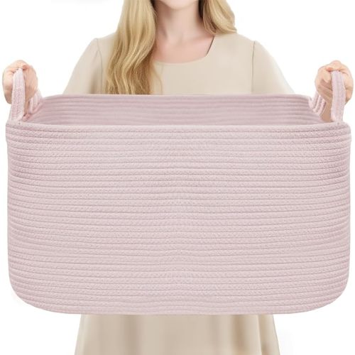 YOUDENOVA Nursery Storage Basket，21.6''×14.9''×11.8'' Rectangle Cotton Rope Blanket Basket, Nursery Laundry Hamper for Organizing，Large Toy Basket for Living Room, Bedroom Pink