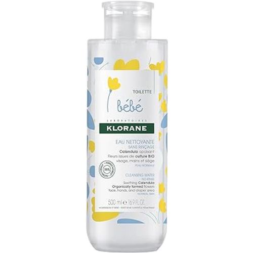 Klorane - Baby Soothing Cleansing Water with Calendula - Baby, Rinse-Free, One-Hand Pump - Soothes & Cleanses - 500ml