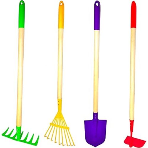 JustForKids Kids Garden Tool Set Toy, Rake, Spade, Hoe and Leaf Rake, reduced size , made of sturdy steel heads and real wood handle, 4-Piece, Multicolored, 5yr+