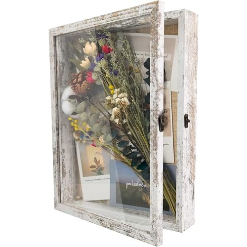 GraduationMall 11x14 Wood Shadow Box Frame Glass Door Display Case with Linen Back and 6 Stick Pins,1.5 inches Interior Depth,Ideal for Memorabilia Pictures Flowers Medals Tickets Rustic White