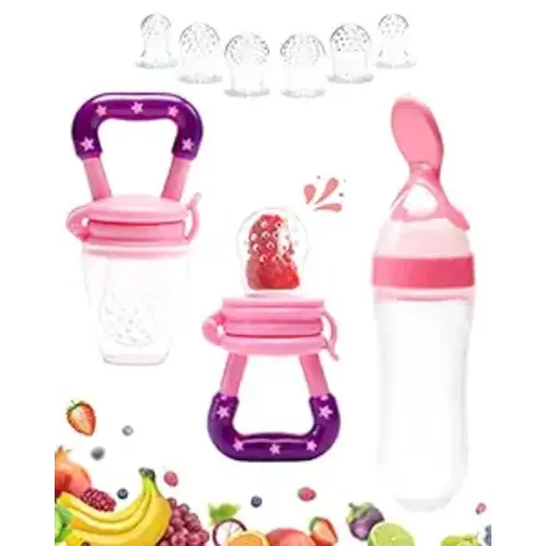 Gedebey Baby Fruit Feeder Pacifier - 3 Pack | 2 Silicone Baby Feeder Pacifiers & 1 Baby Food Spoon Dispenser | Frozen Fruit Teether | Forage Feeder | Food Pacifier for Babies (Pink) - 2. Pink