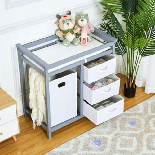 TROPOW Wooden Baby Changing Table, Modern Diaper Changing Table, Infant Diaper Changing Station Dresser with Laundry Hamper, 3 Drawer Basket and Changing Pad
