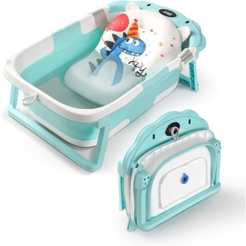 Baby Bathtub,Collapsible Baby Bath Tub with Thermometer & Soft Floating Cushion,Portable Travel Baby Bathtubs for Newborns to Toddlers 0-36 Months(Bear Green)
