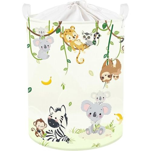 Clastyle 45L Vine Woodland Animal Laundry Hamper for Boy Girl Elephant Giraffe Lion White Round Toy Clothes Storage Basket for Nursery Room, 14.2x17.7 in