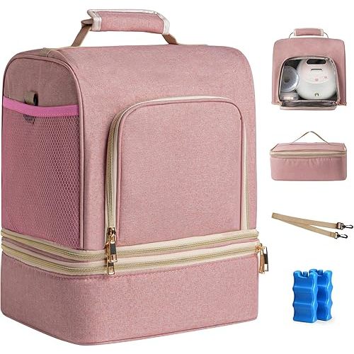 NCVI Breast Pump Bag, Double Layer Removable Pump Bag for Spectra S1, S2, Medela, Breast Pump Backpack with Ice Pack, Insulated Breast Milk Cooler Travel Bag for Working Nursing Moms, Pink