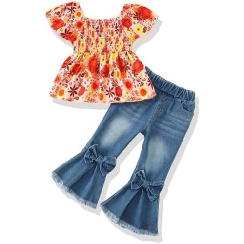 Baby Girl Clothes Toddler Girl Outfits Kids Puff Sleeve Shirt Top Flare Denim Pants Jeans Clothing for Little Girls