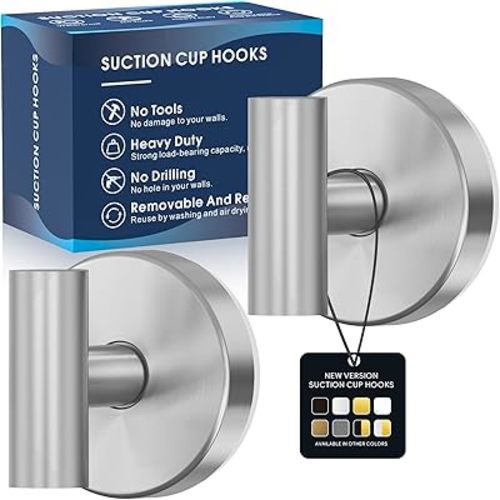 Suction Cup Hooks for Shower,Heavy Duty Shower Hooks for Inside Shower,No Drill Wall Mounted Towel Hooks for Bathrooms Wall,Kitchen,Glass,Mirror,Tile to Hang Towels,Robes,Coat-Silver(2 Pack)