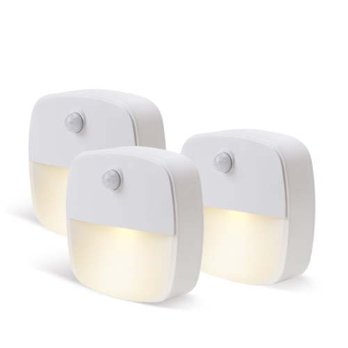 LED Motion Sensor Night Light, [3 Pack] Stick-On Night Light by Battery Powered, Stair Sensor Lights Indoors, Auto/ON/Off Light for Toilet, Hallway, Closet, Kitchen, Children's Room, Warm White light