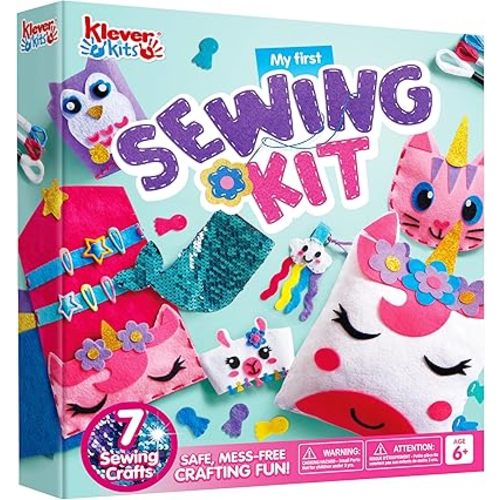 Klever Kits 7 Sewing Projects- My First Felt Sewing Kit- Easy DIY Wildlife Artworks of Unicorn Pillow and Mermaid Card Holder, Gift for Kids Aged 6+