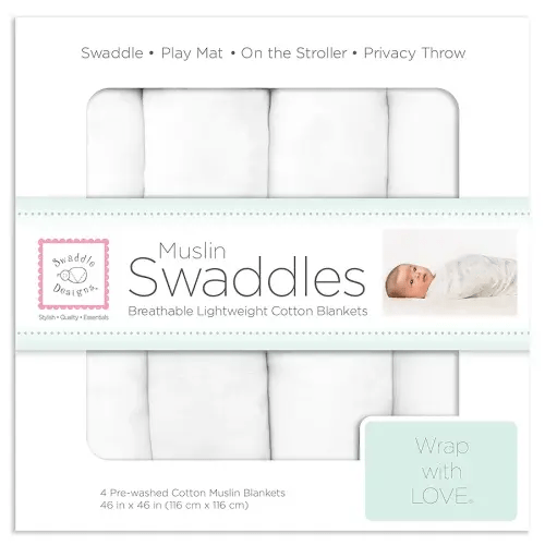 SwaddleDesigns Cotton Muslin Swaddle Blankets, Set of 4, Receiving Blankets for Baby Boys & Girls, Best Shower Gift, 46x46 inches, Pure White