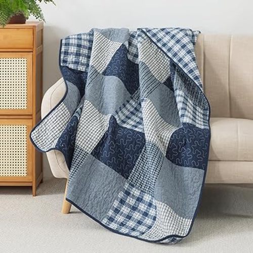 Soul & Lane Midnight Plaid 50" x 60" Cotton Quilted Throw Blanket, Country Farmhouse Checkered Patchwork Throw Quilt for Couch, Navy Check Pieced Lap Quilt with White and Blue Pattern