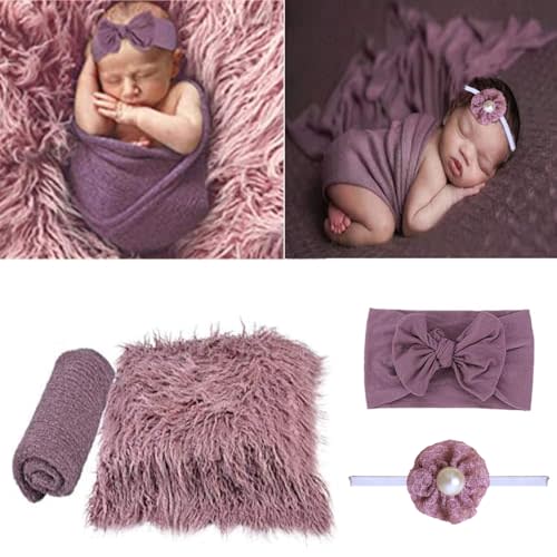 SPOKKI 4 Pcs Newborn Photography Props Outfits- Baby Long Ripple Wrap and Toddler Swaddle Blankets Photography Mat with Cute Headbands for Infant Boys Girls(0-12 Months) (Purple)