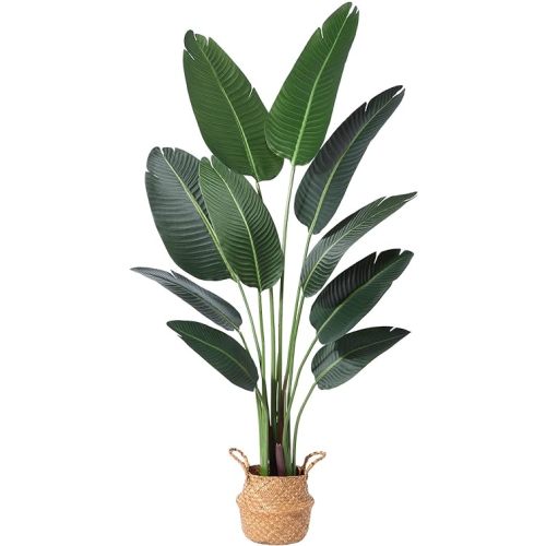 Artificial Bird of Paradise Plants 5Ft Fake Tropical Palm Tree with 10 Trunks in Pot and Woven Seagrass Belly Basket Perfect Faux Plant for Home Indoor Outdoor Office Modern Decor Green