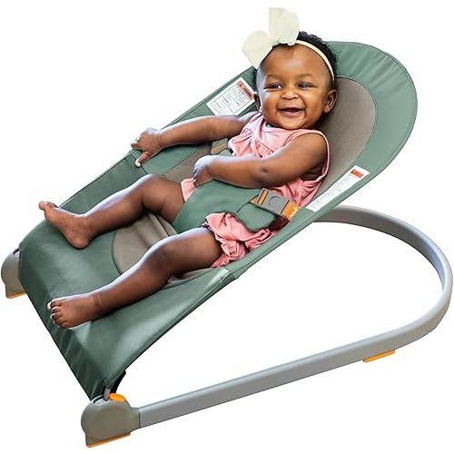 Boon Slant Portable Baby Bouncer - Folding Baby Seat for Infants - Lightweight Portable Baby Chair with Machine Washable Fabric and 3-Point Harness - Dark Green