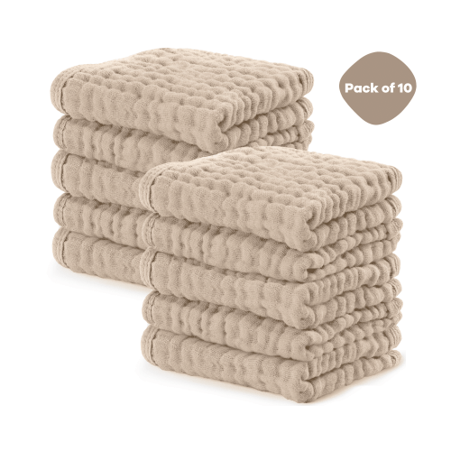 Comfy Cubs Baby Washcloths, Muslin Cotton Baby Towels, Large 10”x10” Wash Cloths (Sand, Pack of 10)