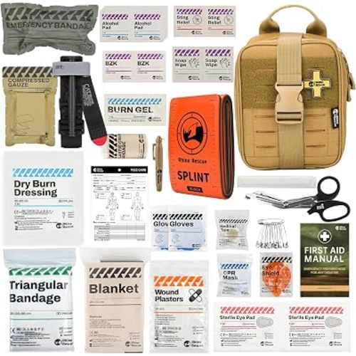 RHINO RESCUE IFAK Trauma Kit with Tourniquet for Wound Care, Tactical First Aid Kit Molle Pouch for Military, Combat, Car, Camping, Hiking, Travel (Coyote Brown)