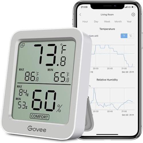 Govee Bluetooth Digital Hygrometer Indoor Thermometer, Room Humidity and Temperature Sensor Gauge with Remote App Monitoring, Large LCD Display, Notification Alerts, 2 Years Data Storage Export, Grey